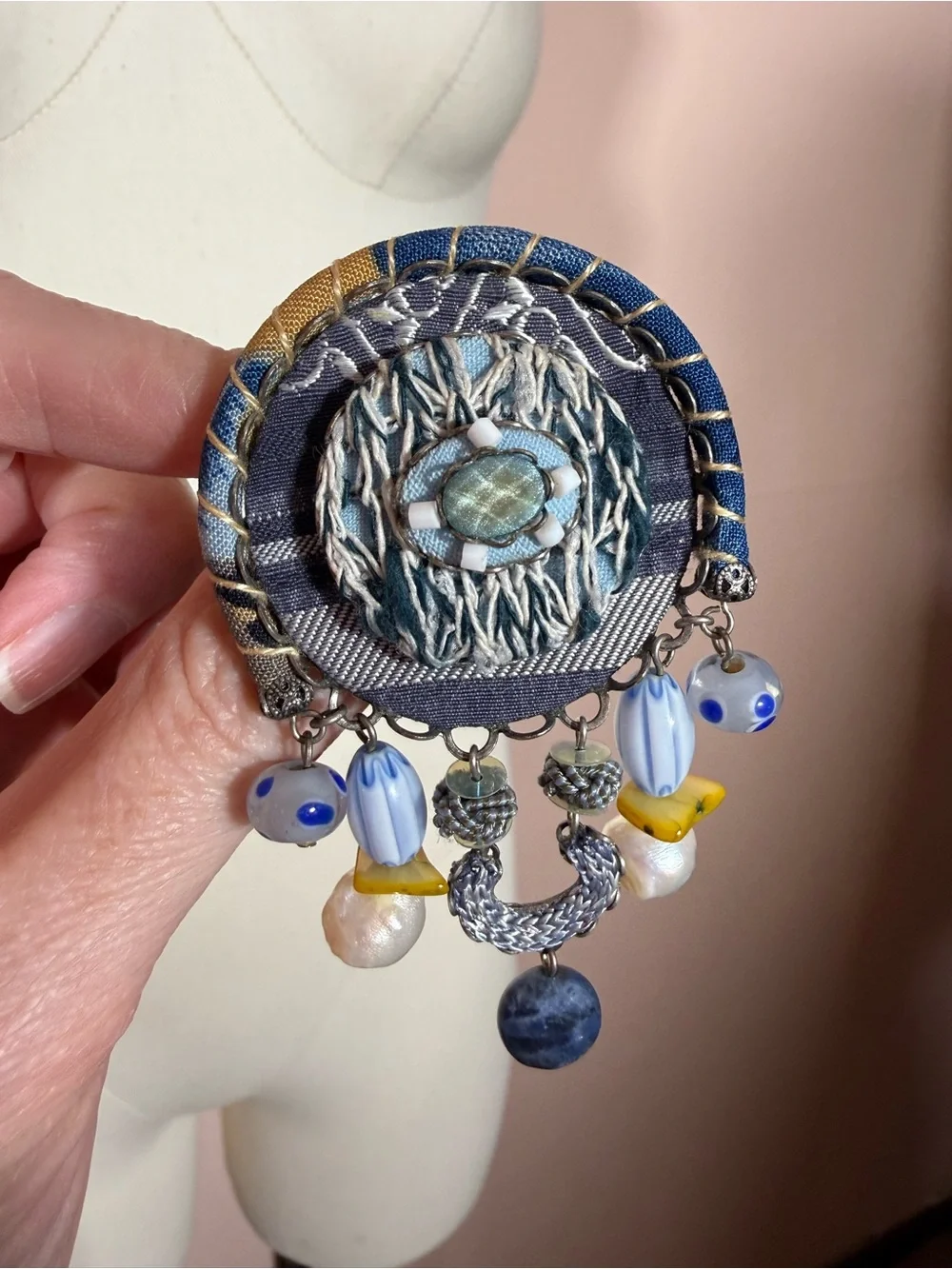 Ayala Bar artisan mixed media blue oversized brooch pendent